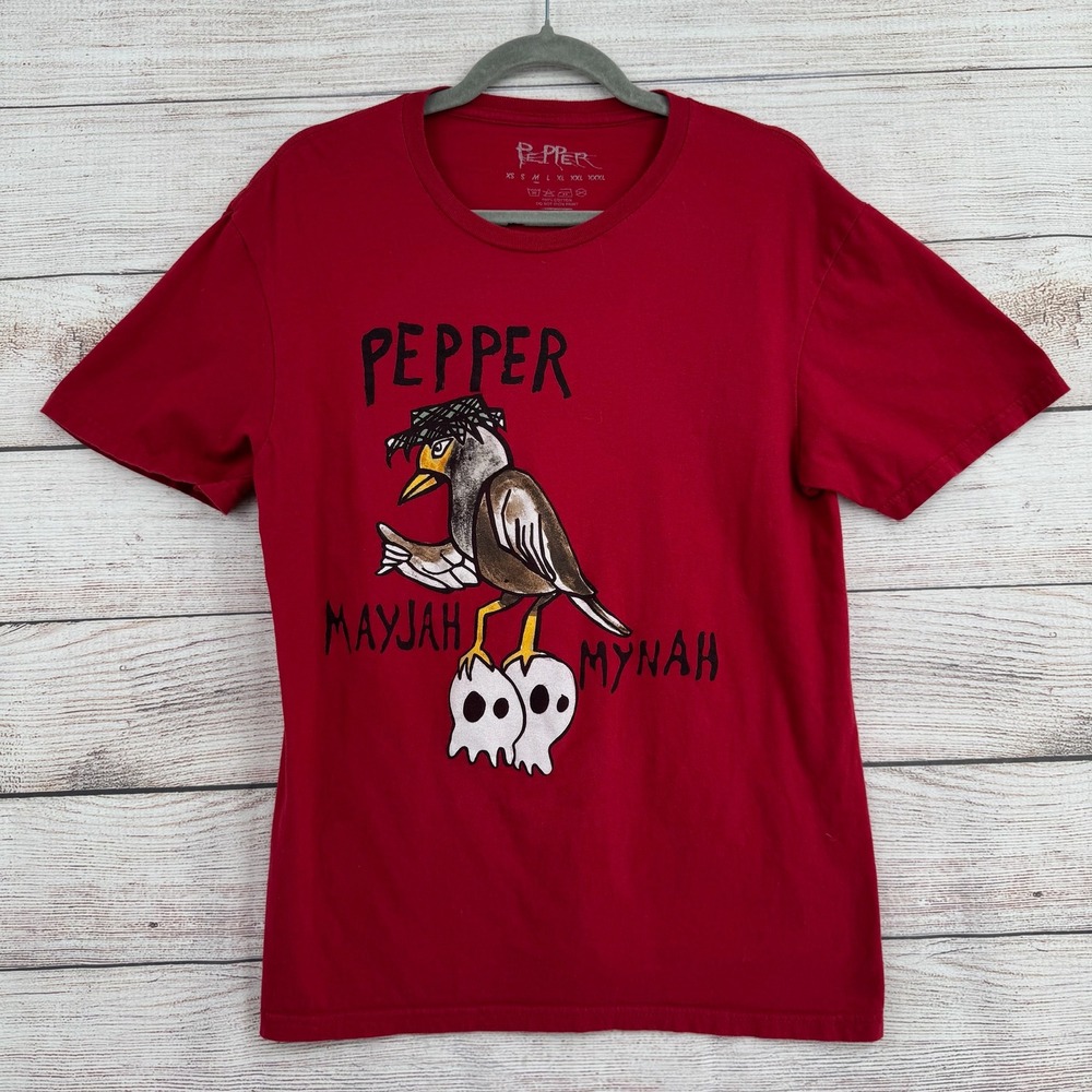 Pepper T-Shirt Mens Medium Red Mayjah Mynah Bird Graphic Band Tee Short Sleeve